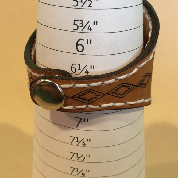 Boho Tooled Leather Cuff Bracelet Blue Tiger’s Eye Gemstone Inlay Mandala Style - Picture 9 of 9